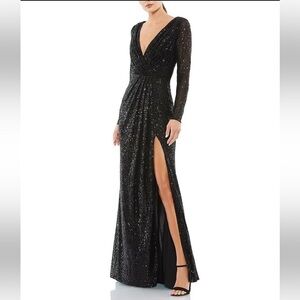Ieena for Mac Duggal Black Long Sleeve Deep Surplice V-Neck Sequin Gown 6